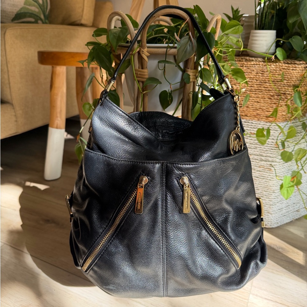 Michael Kors Black Leather Large Hobo Style Shoulder Satchel Bag